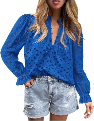 Women's Dressy Casual Blouse Tops Fall Puff Long Sleeve Button V Neck Hollow Out Lace Embroidered Shirts