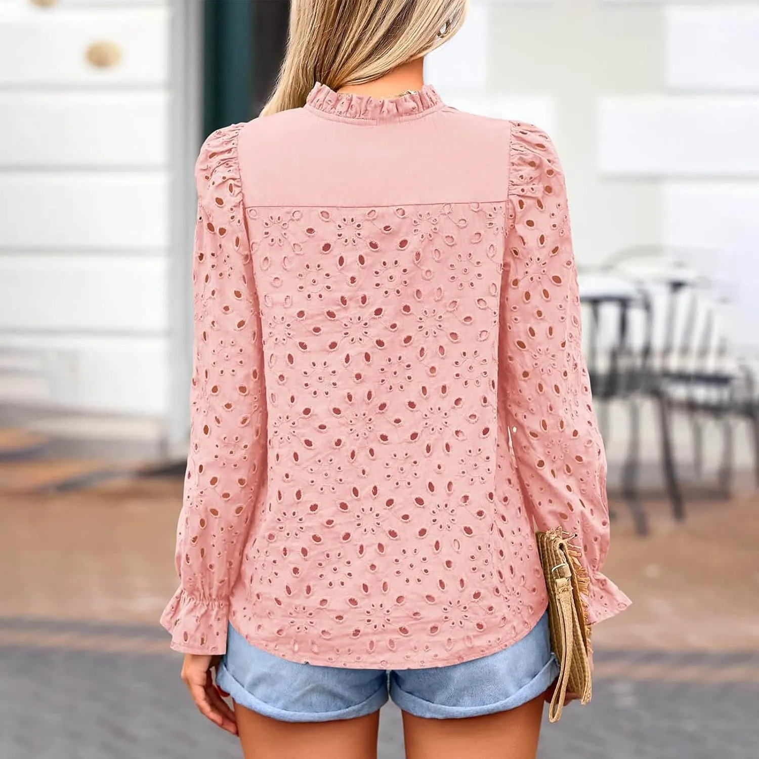 Women's Dressy Casual Blouse Tops Fall Puff Long Sleeve Button V Neck Hollow Out Lace Embroidered Shirts