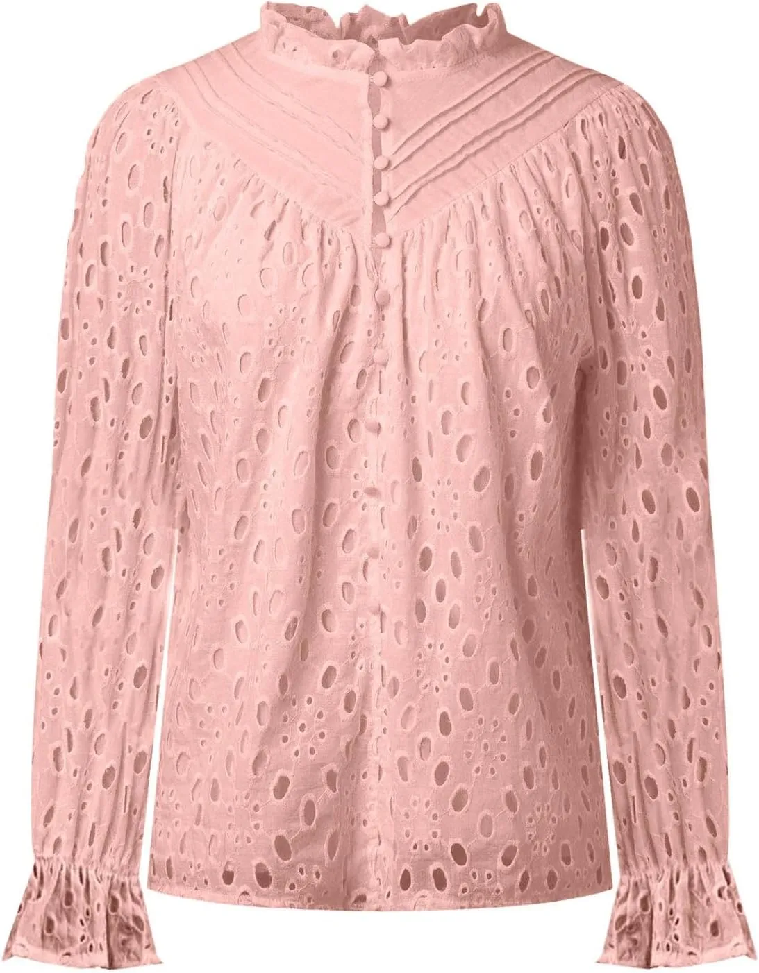 Women's Dressy Casual Blouse Tops Fall Puff Long Sleeve Button V Neck Hollow Out Lace Embroidered Shirts