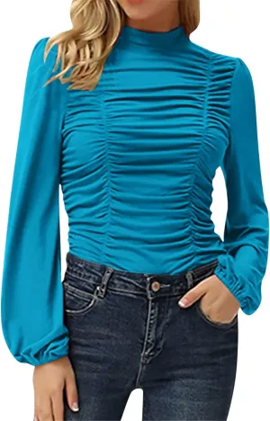 Women's Dressy T Shirts Elegant Turtleneck Ruffle Trim Long Sleeve Petite Tunics Daily Fashion Business Work Blouse