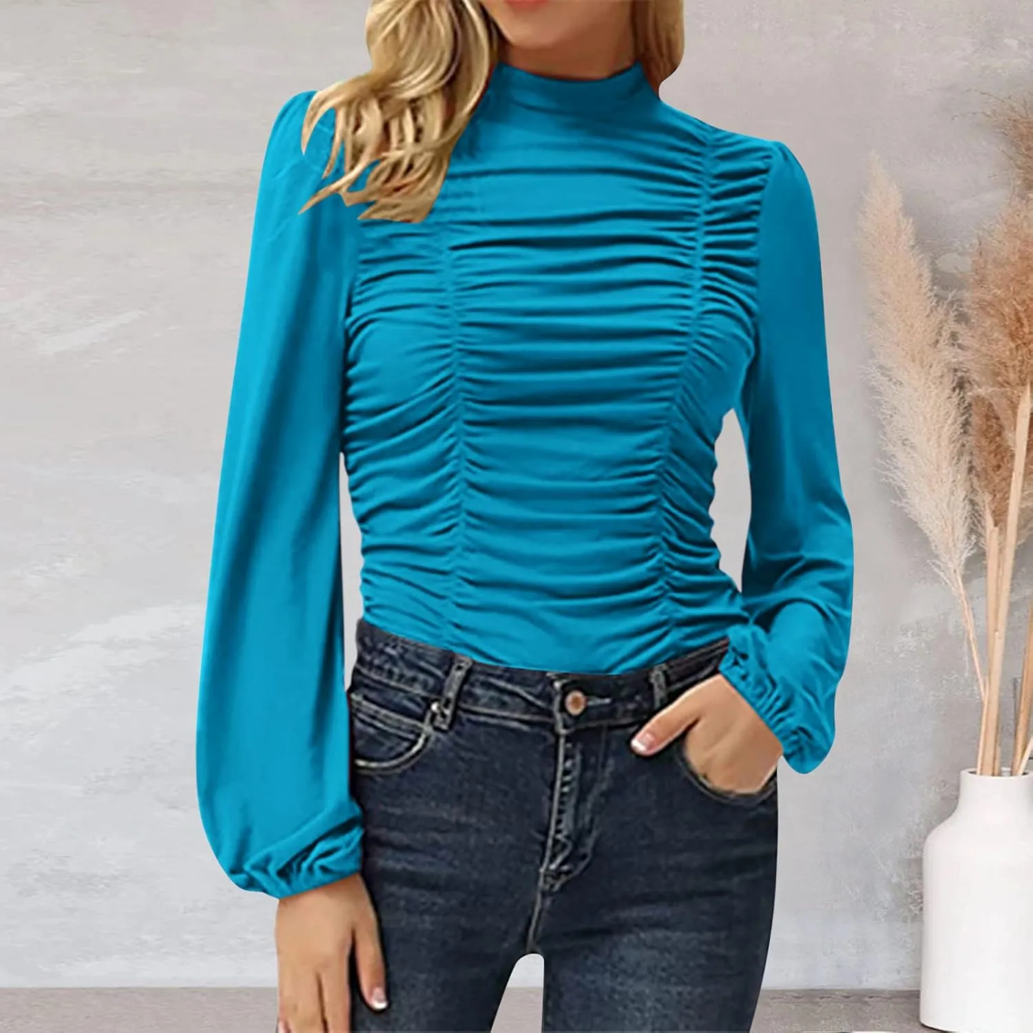 Women's Dressy T Shirts Elegant Turtleneck Ruffle Trim Long Sleeve Petite Tunics Daily Fashion Business Work Blouse