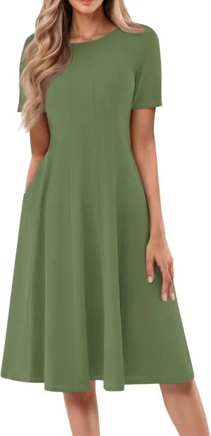 Women's Elegant Crew Neck Midi Dress 2025 Spring Summer Casual Short Sleeve Dresses A-Line Floral Printed Dress