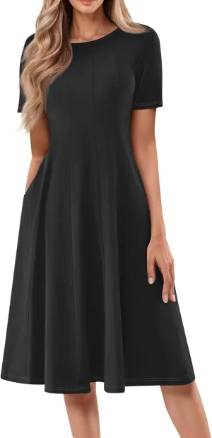 Women's Elegant Crew Neck Midi Dress 2025 Spring Summer Casual Short Sleeve Dresses A-Line Floral Printed Dress