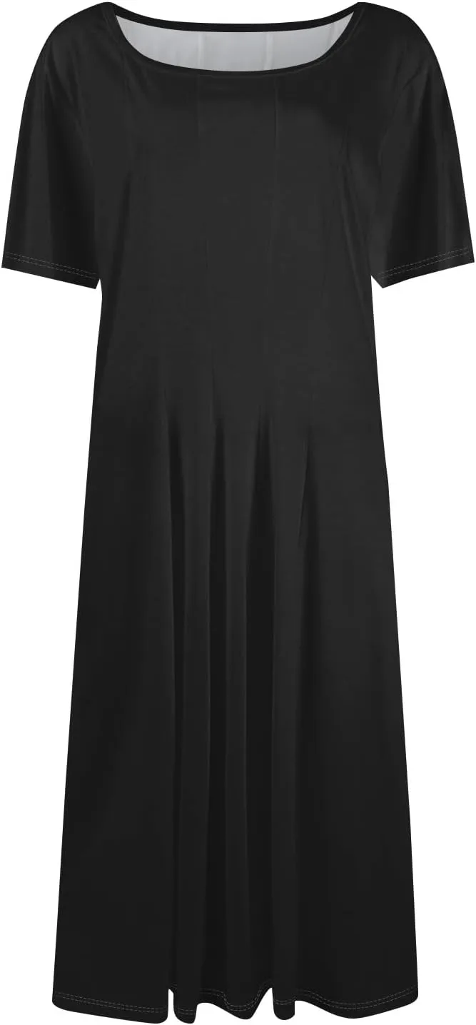 Women's Elegant Crew Neck Midi Dress 2025 Spring Summer Casual Short Sleeve Dresses A-Line Floral Printed Dress