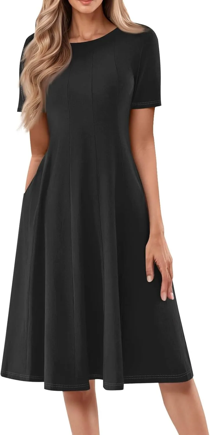 Women's Elegant Crew Neck Midi Dress 2025 Spring Summer Casual Short Sleeve Dresses A-Line Floral Printed Dress