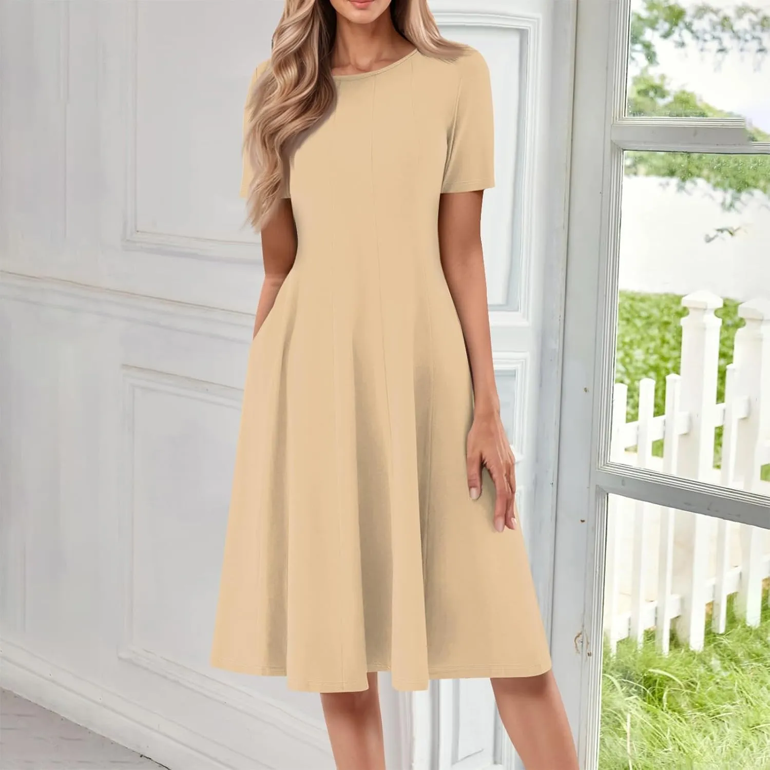 Women's Elegant Crew Neck Midi Dress 2025 Spring Summer Casual Short Sleeve Dresses A-Line Floral Printed Dress