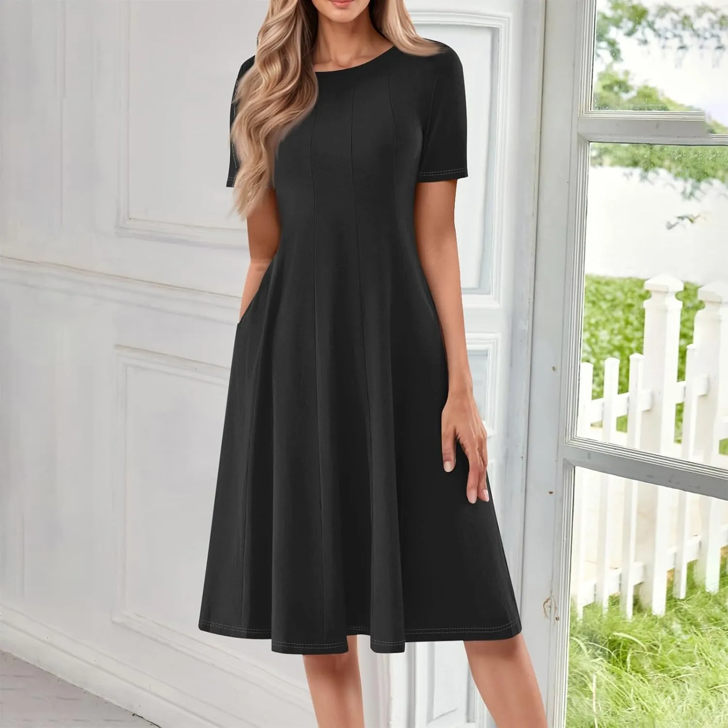 Women's Elegant Crew Neck Midi Dress 2025 Spring Summer Casual Short Sleeve Dresses A-Line Floral Printed Dress
