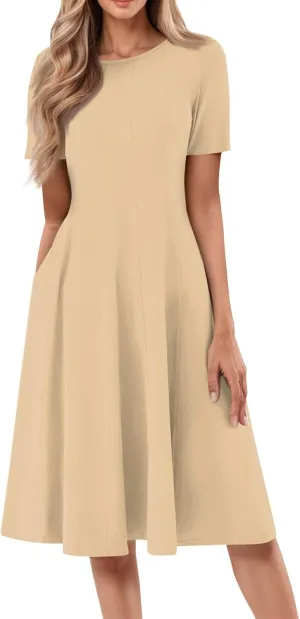 Women's Elegant Crew Neck Midi Dress 2025 Spring Summer Casual Short Sleeve Dresses A-Line Floral Printed Dress