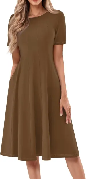 Women's Elegant Crew Neck Midi Dress 2025 Spring Summer Casual Short Sleeve Dresses A-Line Floral Printed Dress
