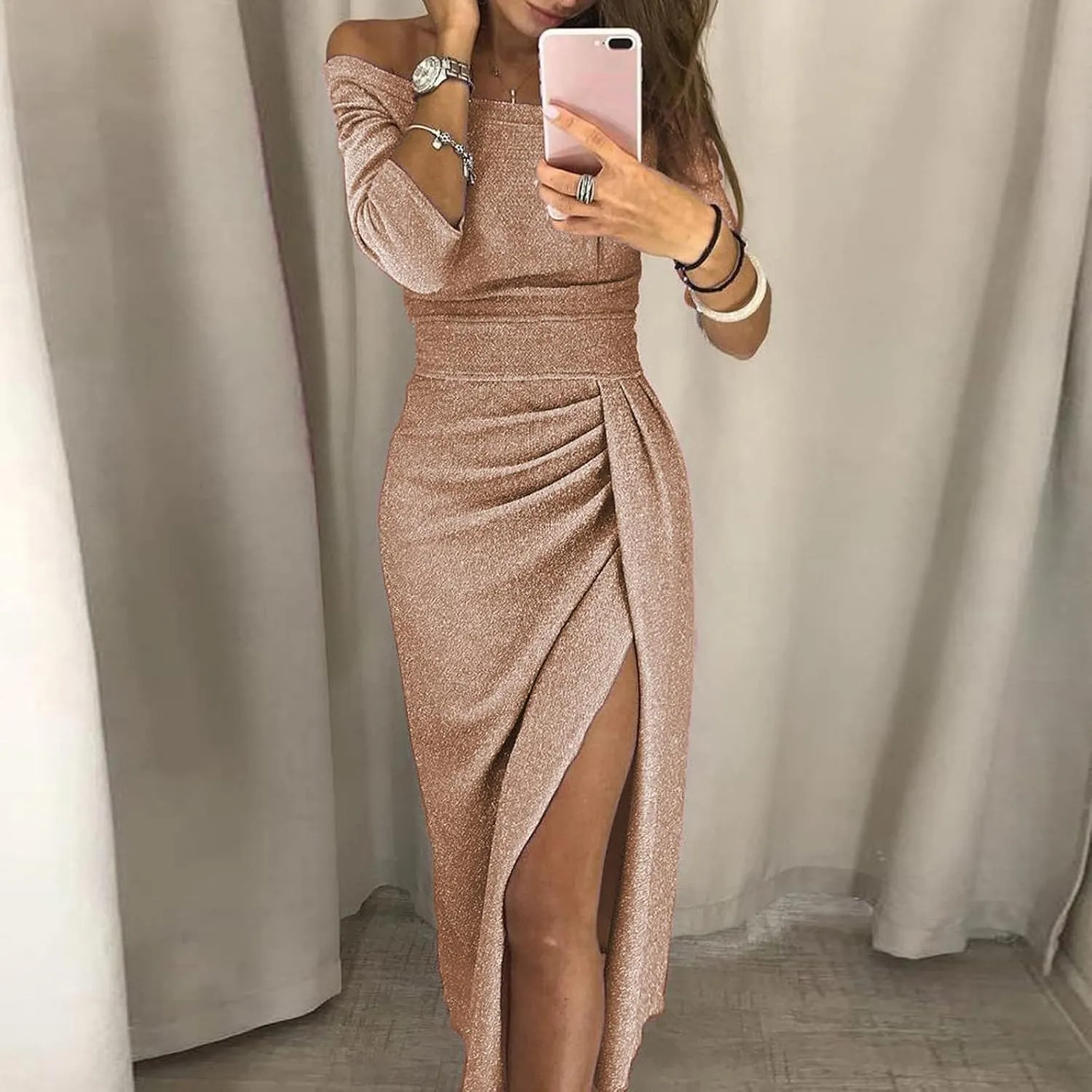 Women's Elegant Off Shoulder Dress Bodycon 3/4 Sleeve High Split Ruched Long Formal Wedding Guest Evening Dress
