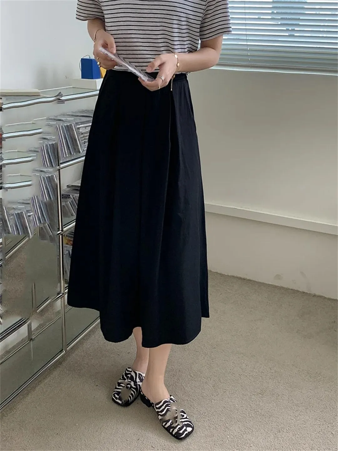 Women's Elegant Pockets Midi Skirts Solid Female High Waist Umbrella Casual A-Line Skirts
