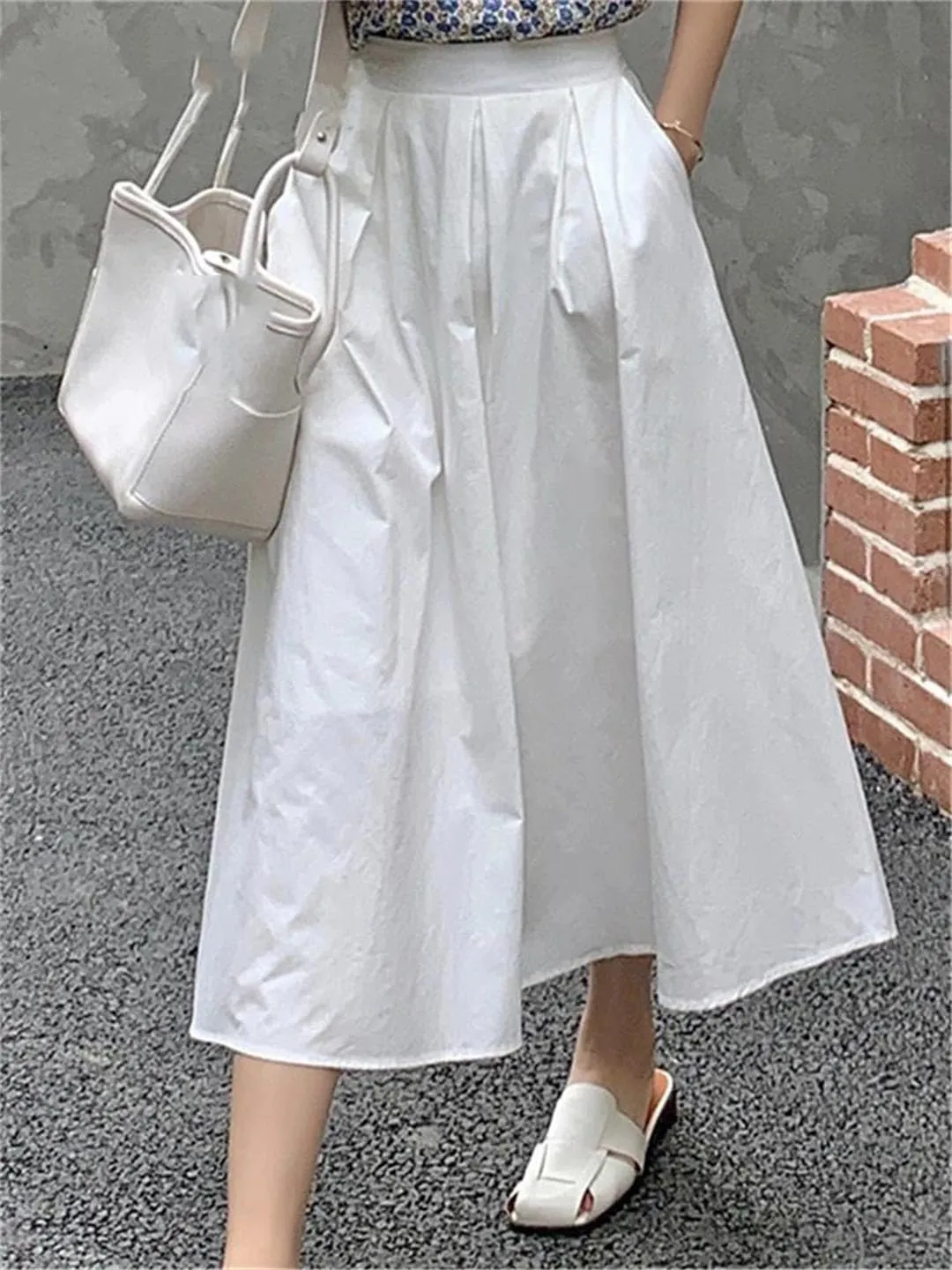Women's Elegant Pockets Midi Skirts Solid Female High Waist Umbrella Casual A-Line Skirts