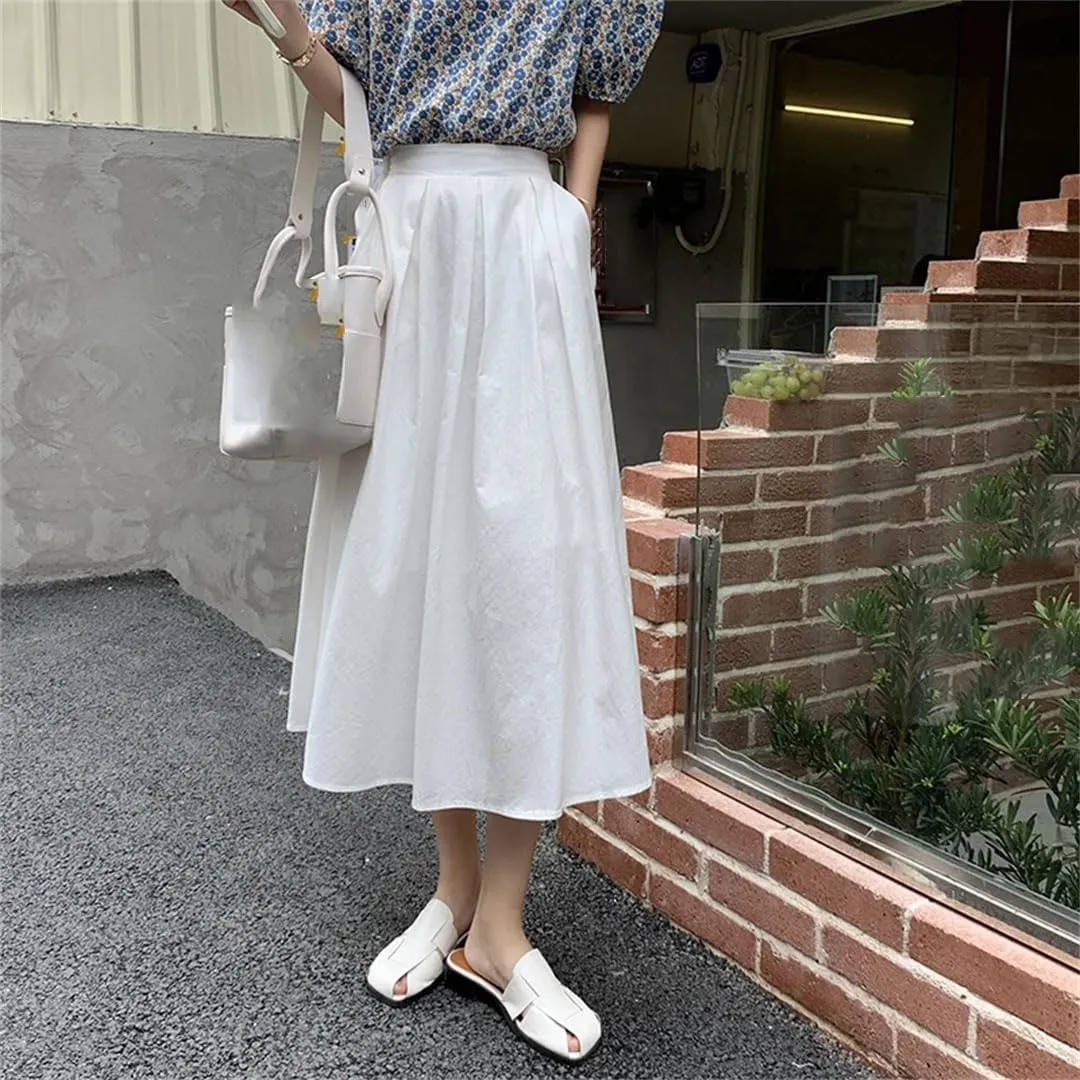 Women's Elegant Pockets Midi Skirts Solid Female High Waist Umbrella Casual A-Line Skirts
