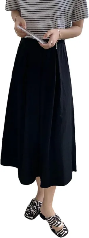 Women's Elegant Pockets Midi Skirts Solid Female High Waist Umbrella Casual A-Line Skirts