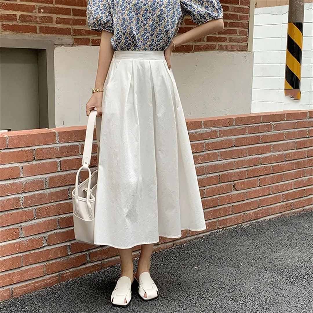 Women's Elegant Pockets Midi Skirts Solid Female High Waist Umbrella Casual A-Line Skirts