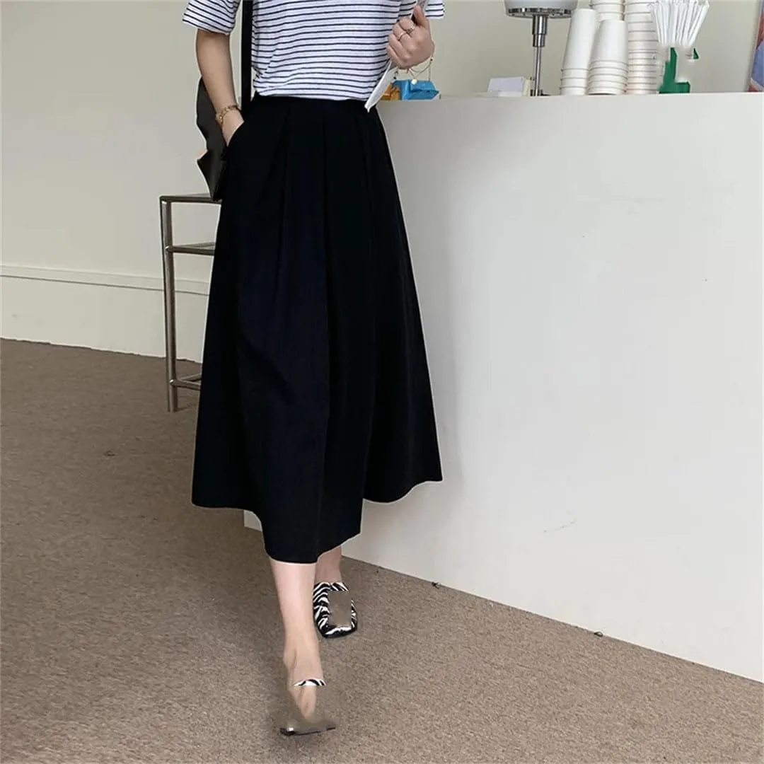Women's Elegant Pockets Midi Skirts Solid Female High Waist Umbrella Casual A-Line Skirts