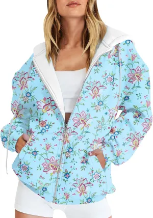 Women's Fashion Floral Print Zip Up Hoodies With Pockets, Casual Style, Long Sleeve, S-3XL
