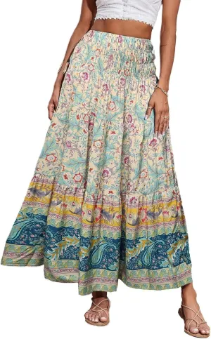 Women's Fashion Maxi Skirts Solid Color Beach High Waist Bohemian A-Line Layered Halter Flowy Skirt