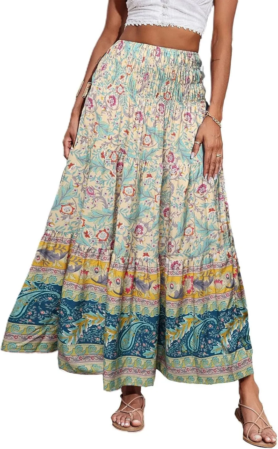 Women's Fashion Maxi Skirts Solid Color Beach High Waist Bohemian A-Line Layered Halter Flowy Skirt