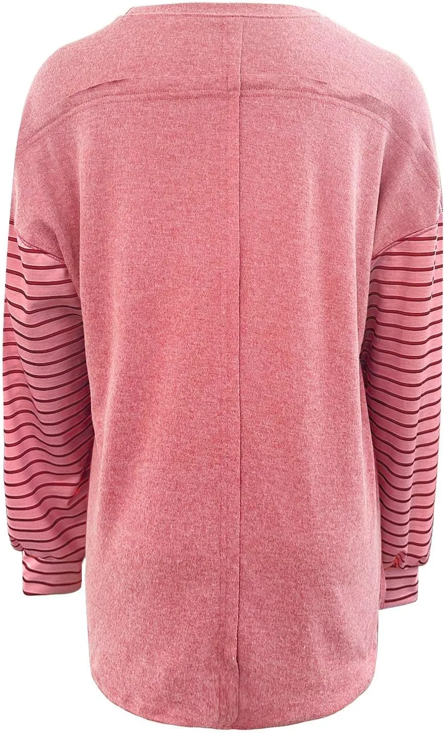 Womens Fashion Sweatshirts Color Block Striped Long Sleeve Crewneck Drop Shoulder Pullover Tops Loose Fit Sports Tops
