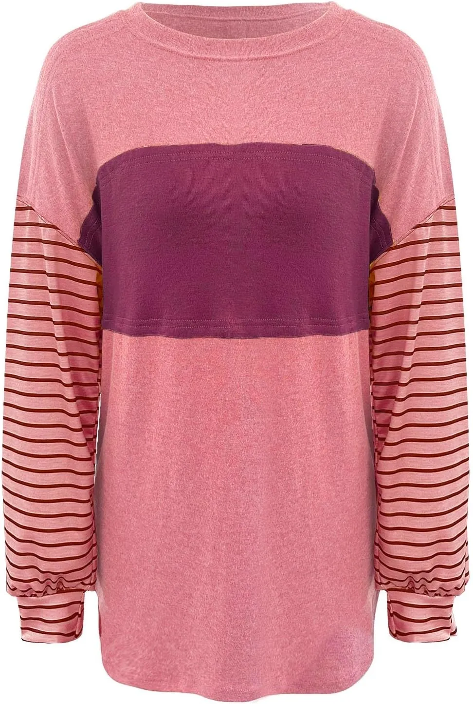 Womens Fashion Sweatshirts Color Block Striped Long Sleeve Crewneck Drop Shoulder Pullover Tops Loose Fit Sports Tops