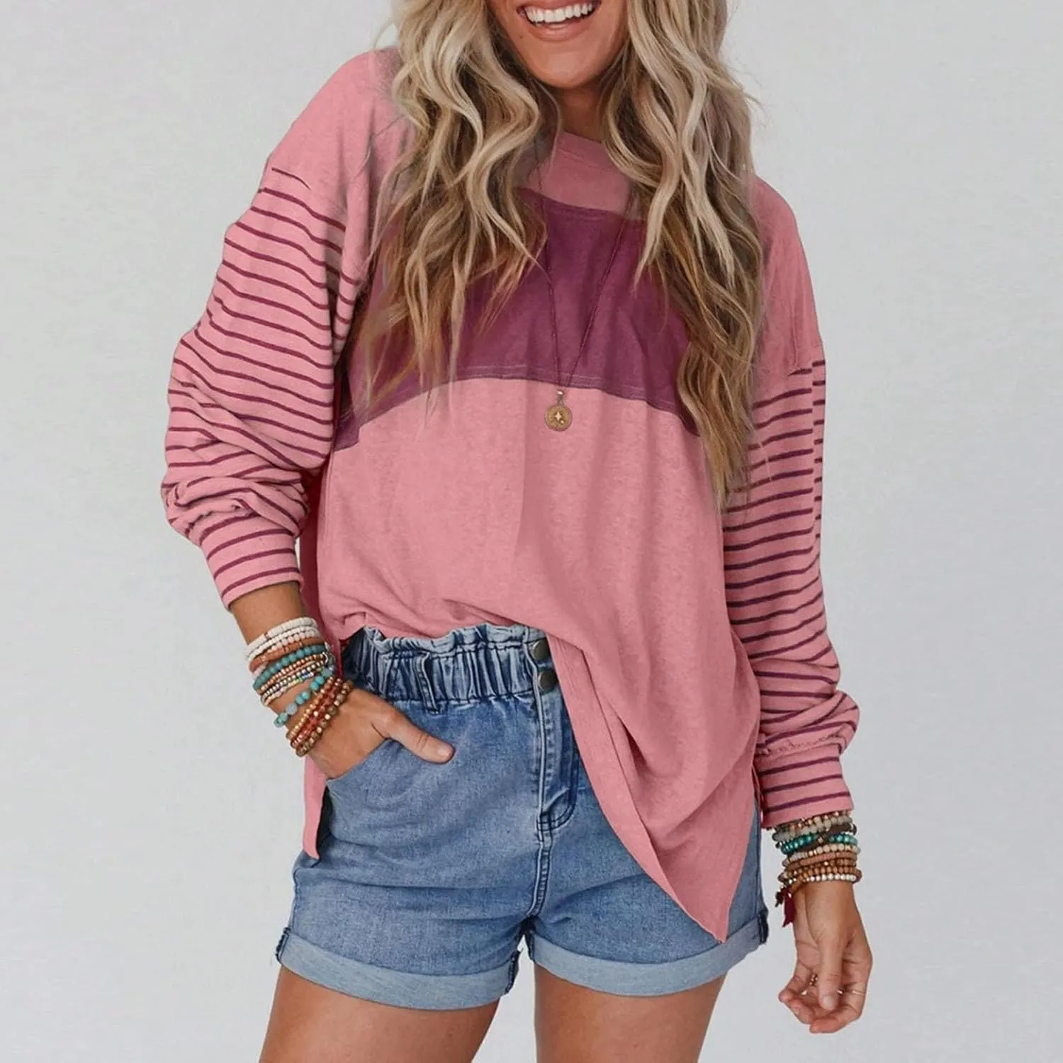 Womens Fashion Sweatshirts Color Block Striped Long Sleeve Crewneck Drop Shoulder Pullover Tops Loose Fit Sports Tops