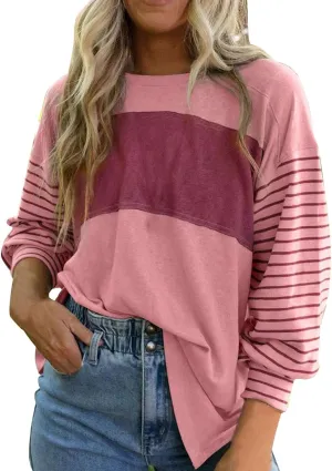 Womens Fashion Sweatshirts Color Block Striped Long Sleeve Crewneck Drop Shoulder Pullover Tops Loose Fit Sports Tops