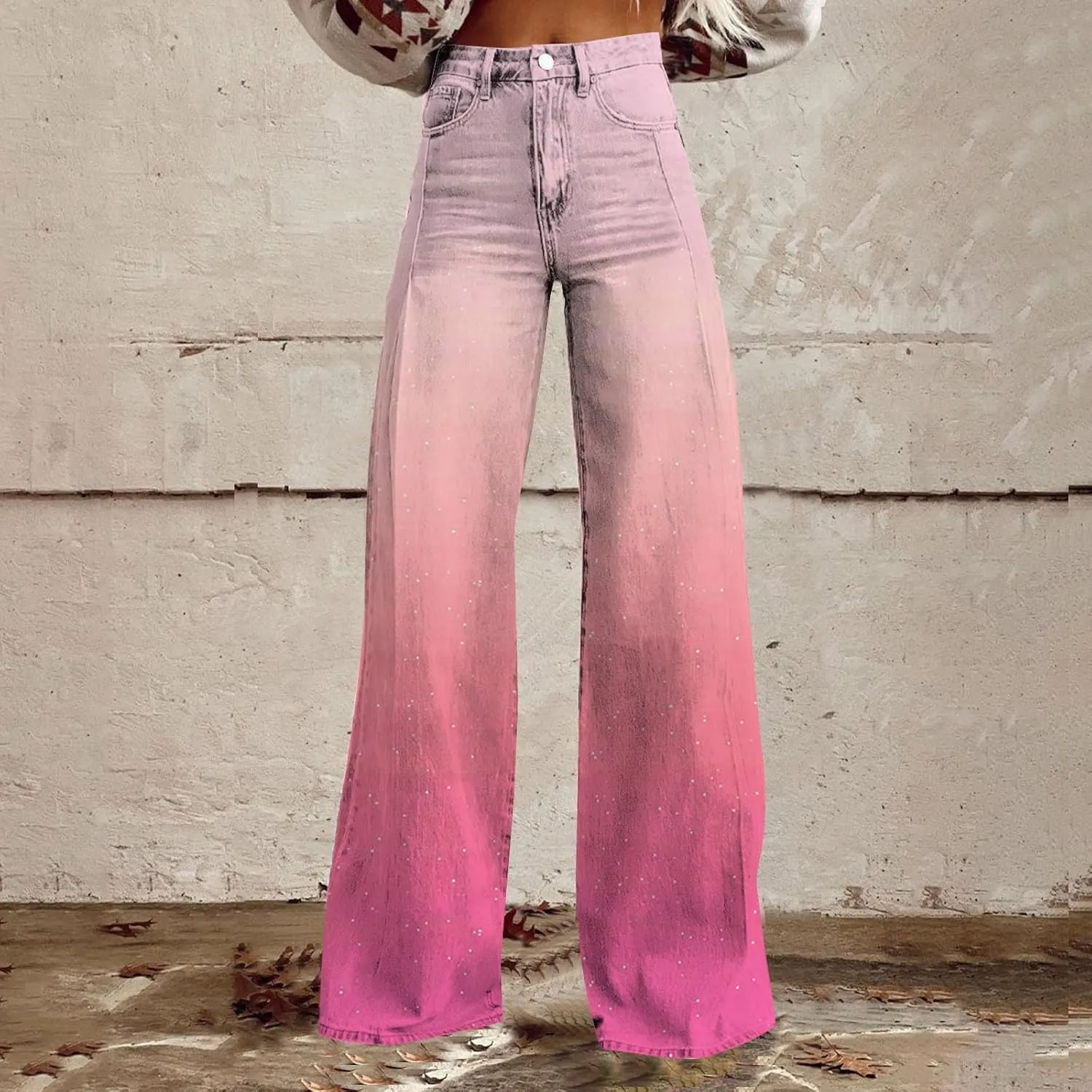 Women's Flare Jeans Wide Leg Baggy Pant 2025 Vintage Floral Print High Waisted Straight Stretch Pants with Pockets