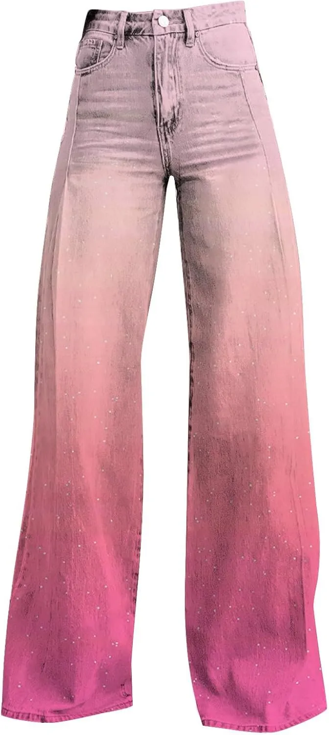 Women's Flare Jeans Wide Leg Baggy Pant 2025 Vintage Floral Print High Waisted Straight Stretch Pants with Pockets