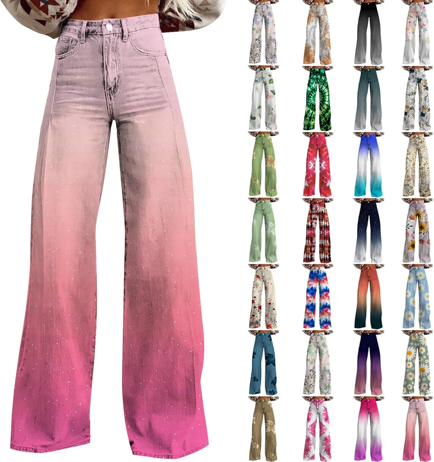 Women's Flare Jeans Wide Leg Baggy Pant 2025 Vintage Floral Print High Waisted Straight Stretch Pants with Pockets