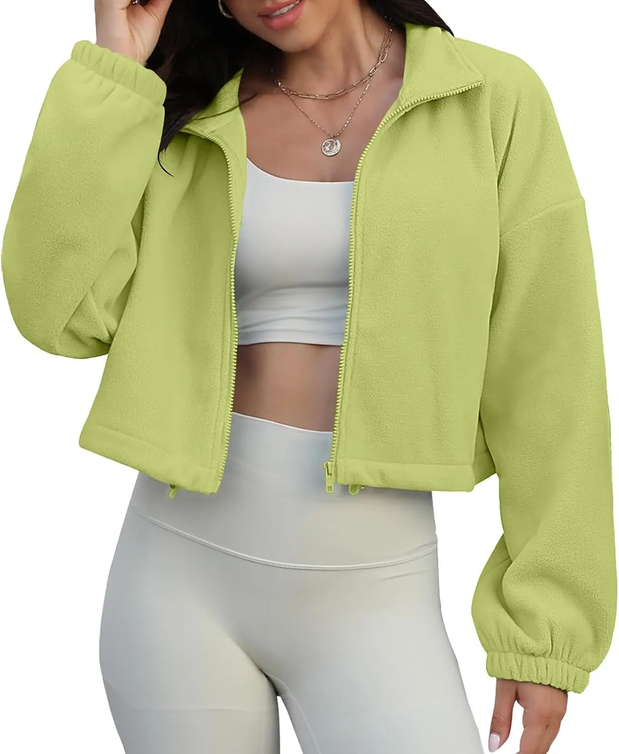 Women's Fleece Cropped Jackets Winter Full Zip Warm Long Sleeve Sherpa Coat Stand Collar Drawstring Hem Travel Coats