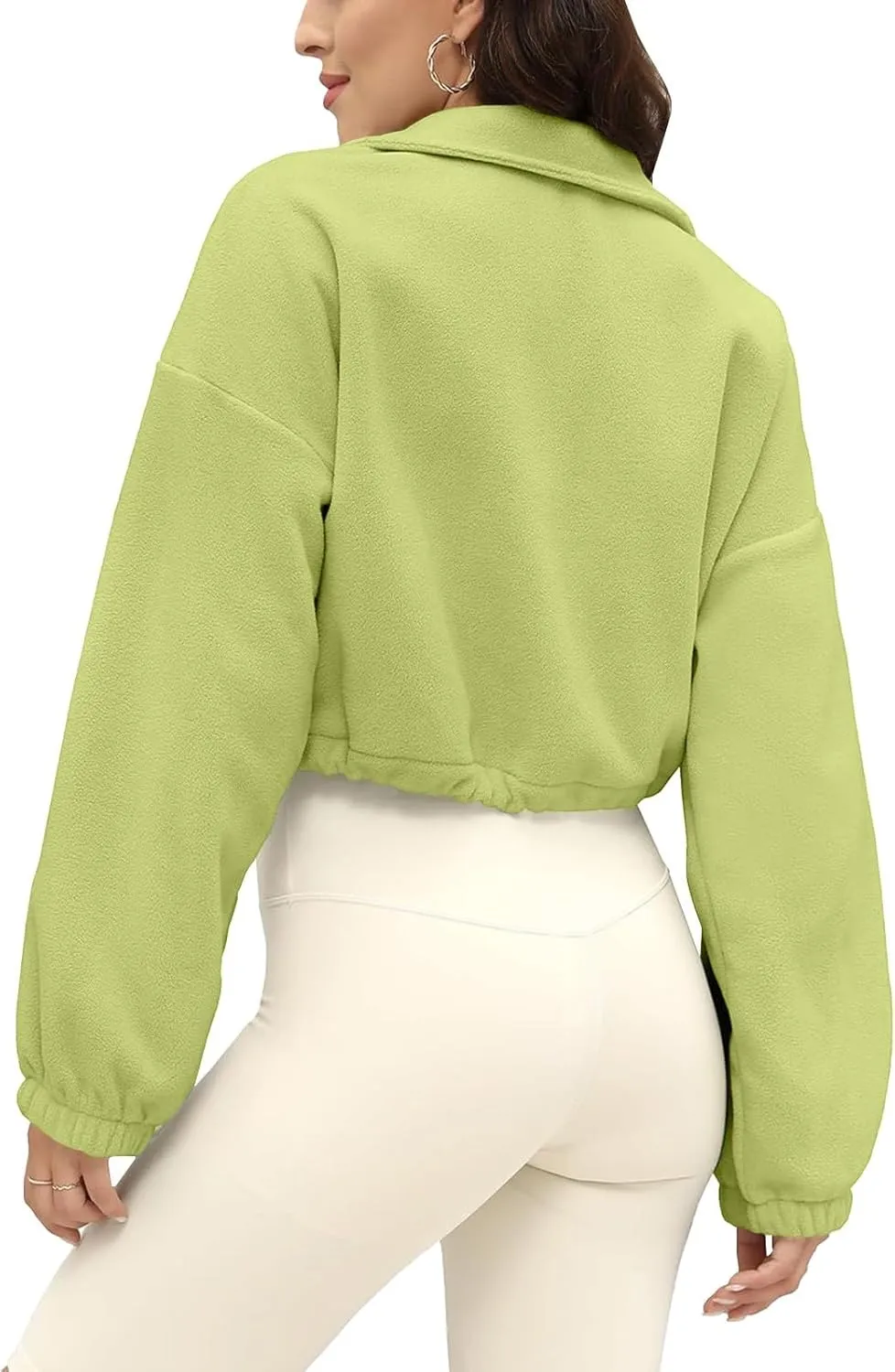 Women's Fleece Cropped Jackets Winter Full Zip Warm Long Sleeve Sherpa Coat Stand Collar Drawstring Hem Travel Coats