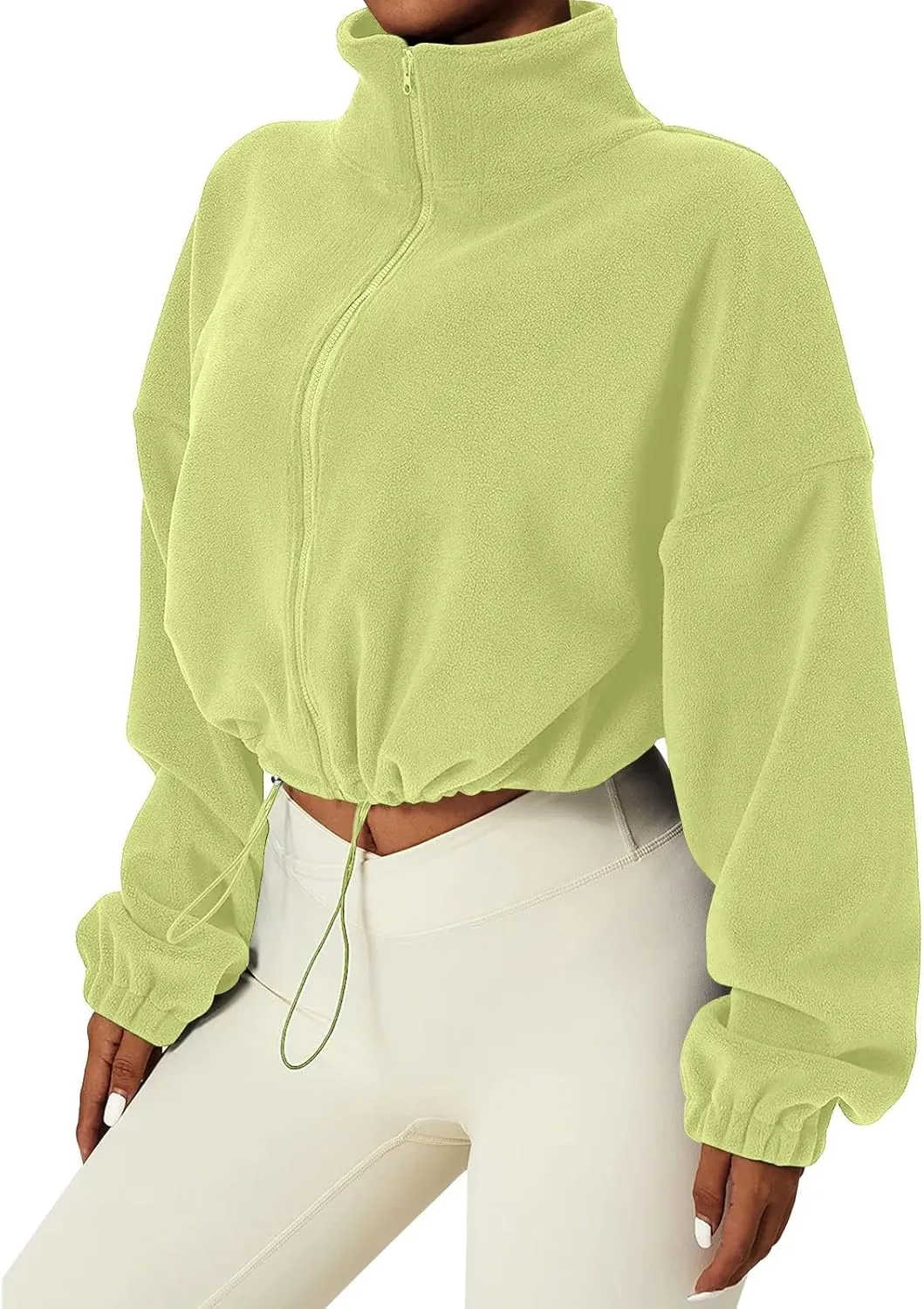 Women's Fleece Cropped Jackets Winter Full Zip Warm Long Sleeve Sherpa Coat Stand Collar Drawstring Hem Travel Coats