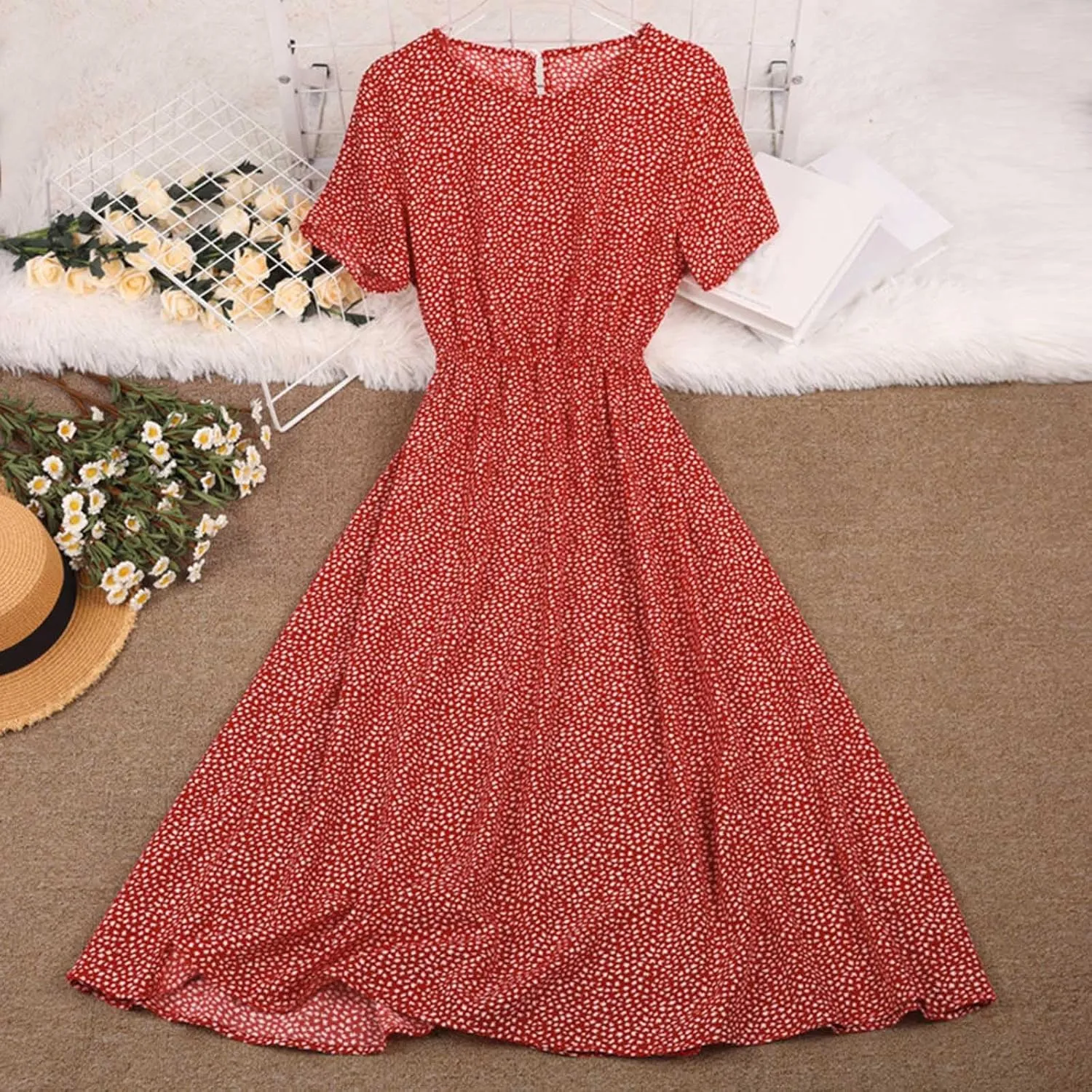 Women's Floral Print Round Neck Midi Dress Casual Loose Short Sleeve Dresses Summer Vacation Flowy Boho Beach Dress