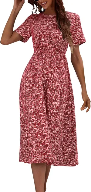Women's Floral Print Round Neck Midi Dress Casual Loose Short Sleeve Dresses Summer Vacation Flowy Boho Beach Dress