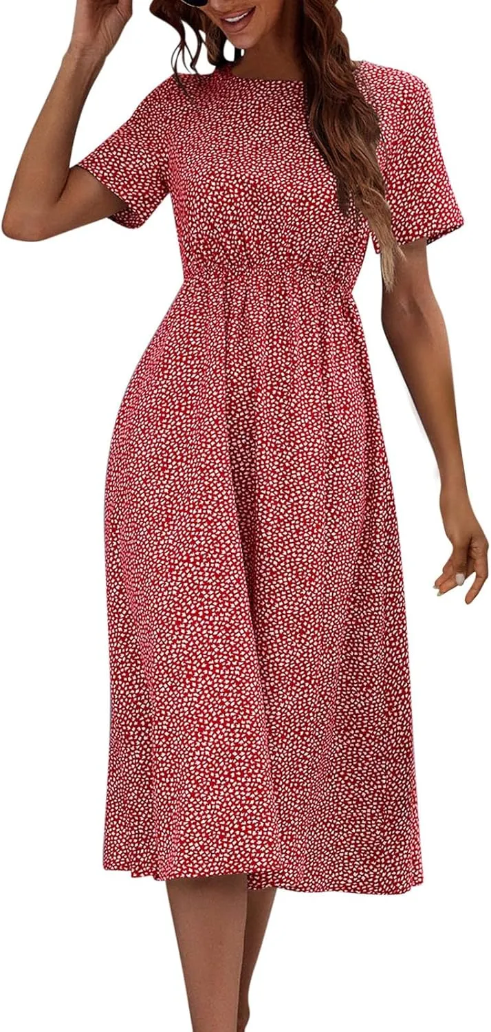 Women's Floral Print Round Neck Midi Dress Casual Loose Short Sleeve Dresses Summer Vacation Flowy Boho Beach Dress
