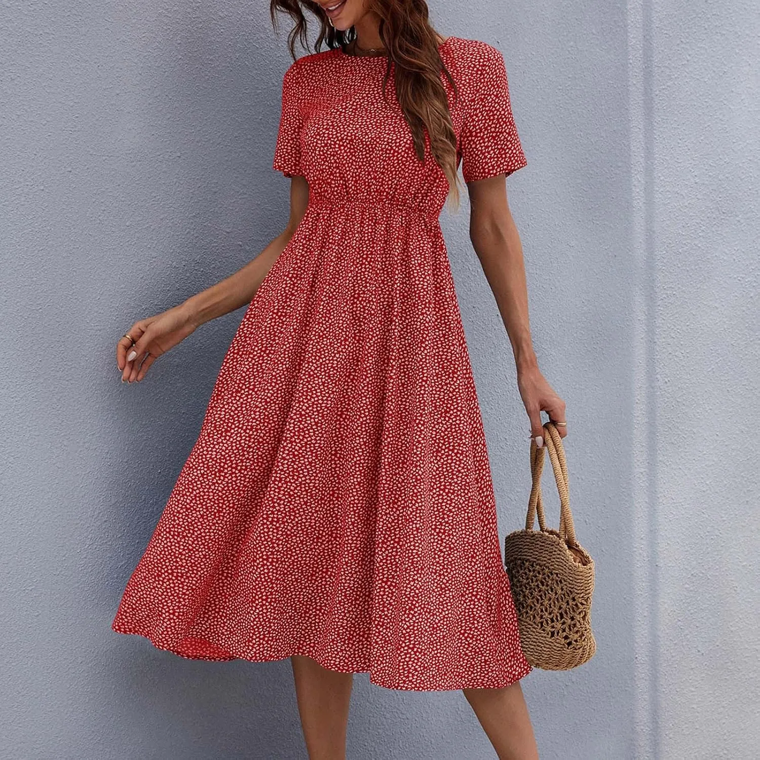 Women's Floral Print Round Neck Midi Dress Casual Loose Short Sleeve Dresses Summer Vacation Flowy Boho Beach Dress