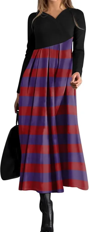Women's Floral Print Waist Large Swing Sexy Dress 2025 Casual Fashion V-Neck Long Sleeve Dresses with Pocket