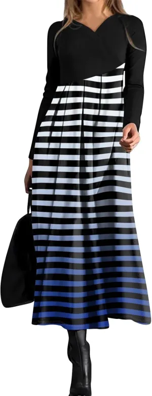 Women's Floral Print Waist Large Swing Sexy Dress 2025 Casual Fashion V-Neck Long Sleeve Dresses with Pocket
