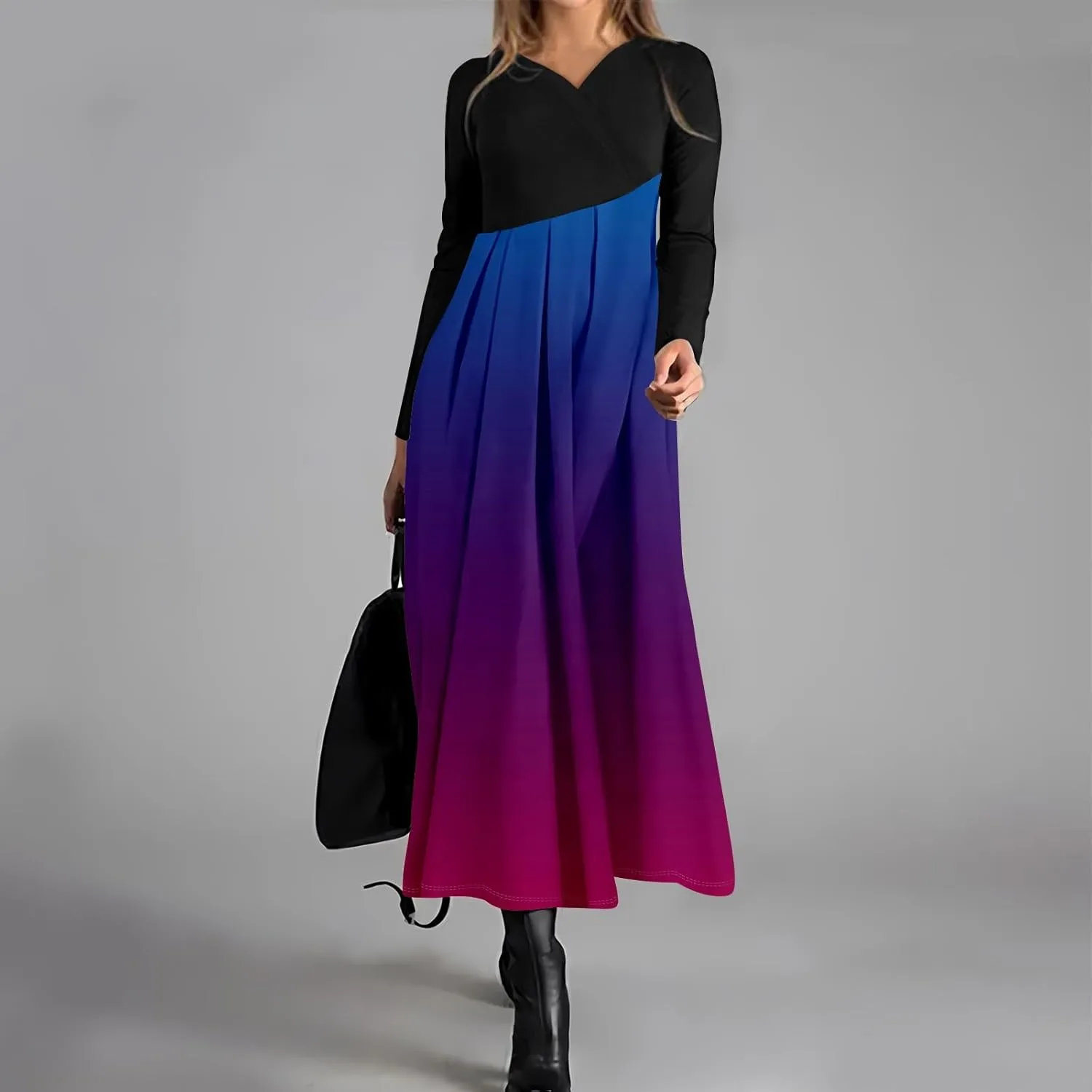 Women's Floral Print Waist Large Swing Sexy Dress 2025 Casual Fashion V-Neck Long Sleeve Dresses with Pocket