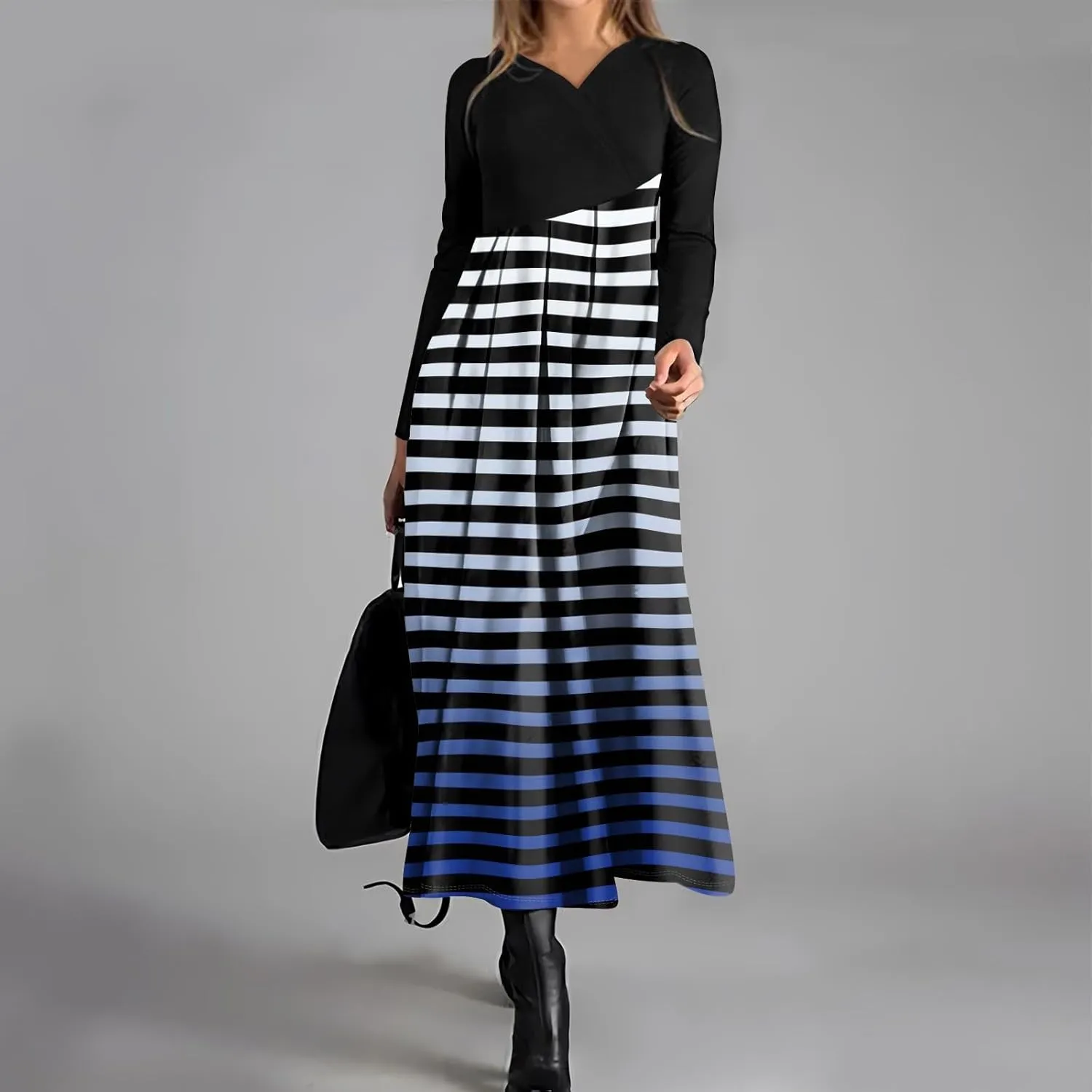 Women's Floral Print Waist Large Swing Sexy Dress 2025 Casual Fashion V-Neck Long Sleeve Dresses with Pocket
