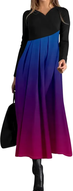 Women's Floral Print Waist Large Swing Sexy Dress 2025 Casual Fashion V-Neck Long Sleeve Dresses with Pocket