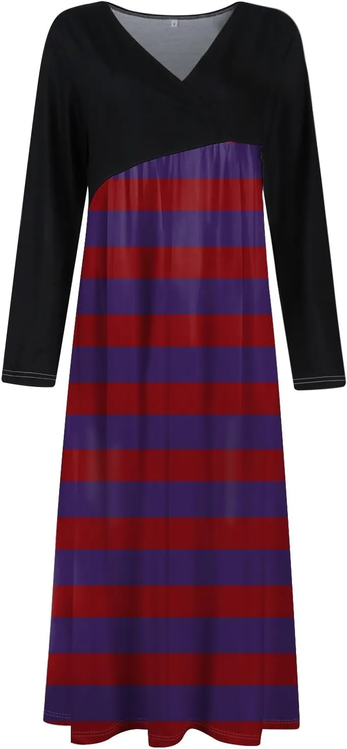 Women's Floral Print Waist Large Swing Sexy Dress 2025 Casual Fashion V-Neck Long Sleeve Dresses with Pocket