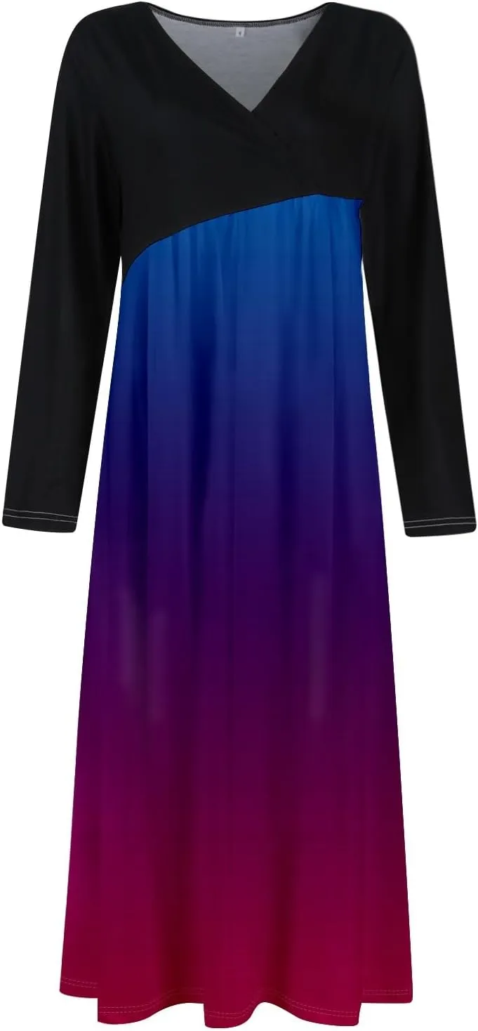 Women's Floral Print Waist Large Swing Sexy Dress 2025 Casual Fashion V-Neck Long Sleeve Dresses with Pocket