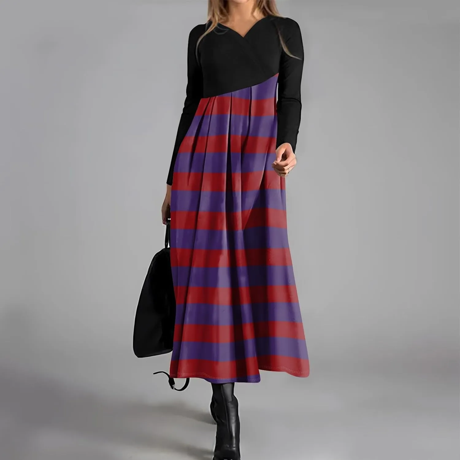 Women's Floral Print Waist Large Swing Sexy Dress 2025 Casual Fashion V-Neck Long Sleeve Dresses with Pocket