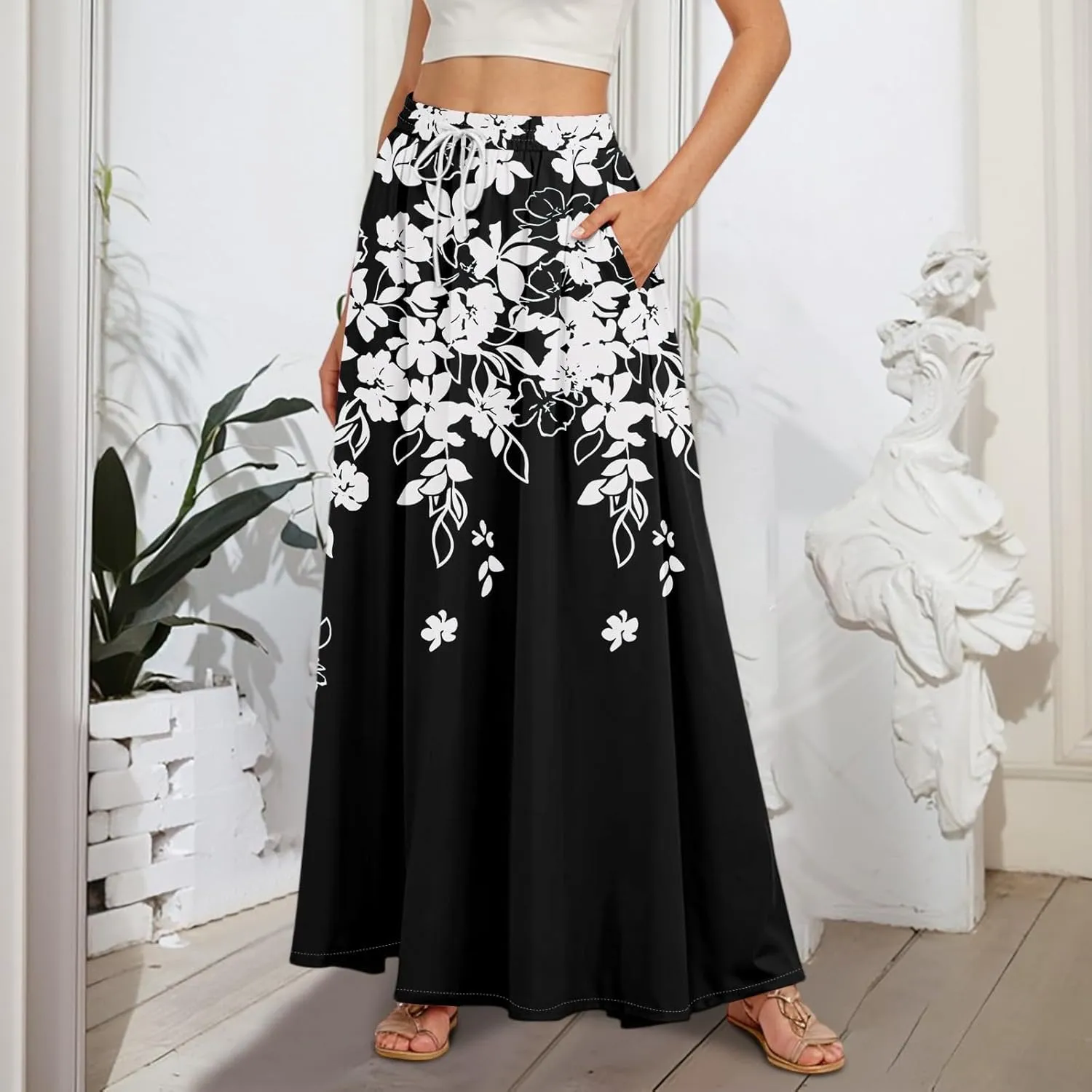 Women's Flowy Flared Ruffle Hem A Line Maxi Skirts Elastic Waist Elegant Tiered Layer Boho Long Skirts, S-2XL