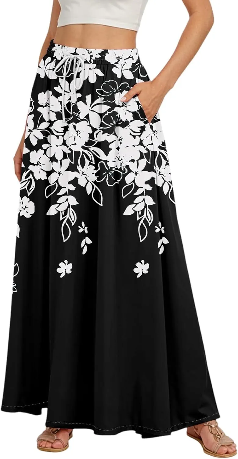 Women's Flowy Flared Ruffle Hem A Line Maxi Skirts Elastic Waist Elegant Tiered Layer Boho Long Skirts, S-2XL