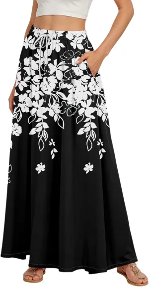 Women's Flowy Flared Ruffle Hem A Line Maxi Skirts Elastic Waist Elegant Tiered Layer Boho Long Skirts, S-2XL
