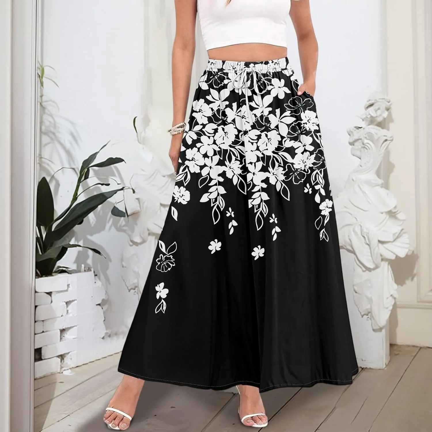 Women's Flowy Flared Ruffle Hem A Line Maxi Skirts Elastic Waist Elegant Tiered Layer Boho Long Skirts, S-2XL