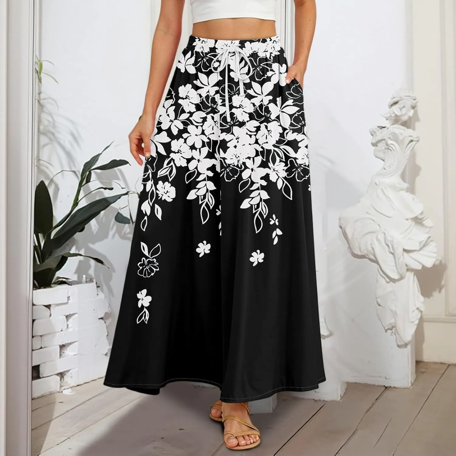 Women's Flowy Flared Ruffle Hem A Line Maxi Skirts Elastic Waist Elegant Tiered Layer Boho Long Skirts, S-2XL